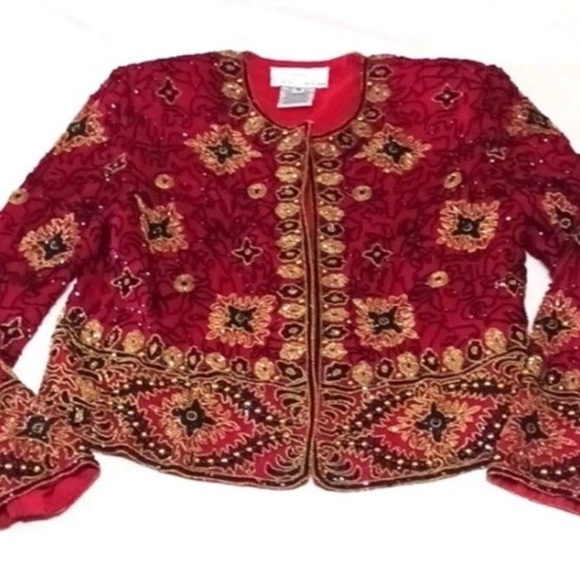 Adrianna Papell Red Beaded Silk Jacket Sz 10 Vintage Evening Statement - Picture 2 of 8